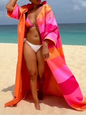 NWOT-Vibrant Pink & Orange Beach Kimono Cover-Up -Bathing Suit not included ***
